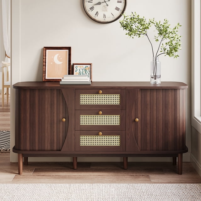 MODERNLUXE Rattan Sideboard Buffet Cabinet with Storage, Credenza Accent Cabinet with 3 Drawers,Sliding Doors and Adjustable Shelves,Coffee Bar for Kitchen, Living Room,Walnut