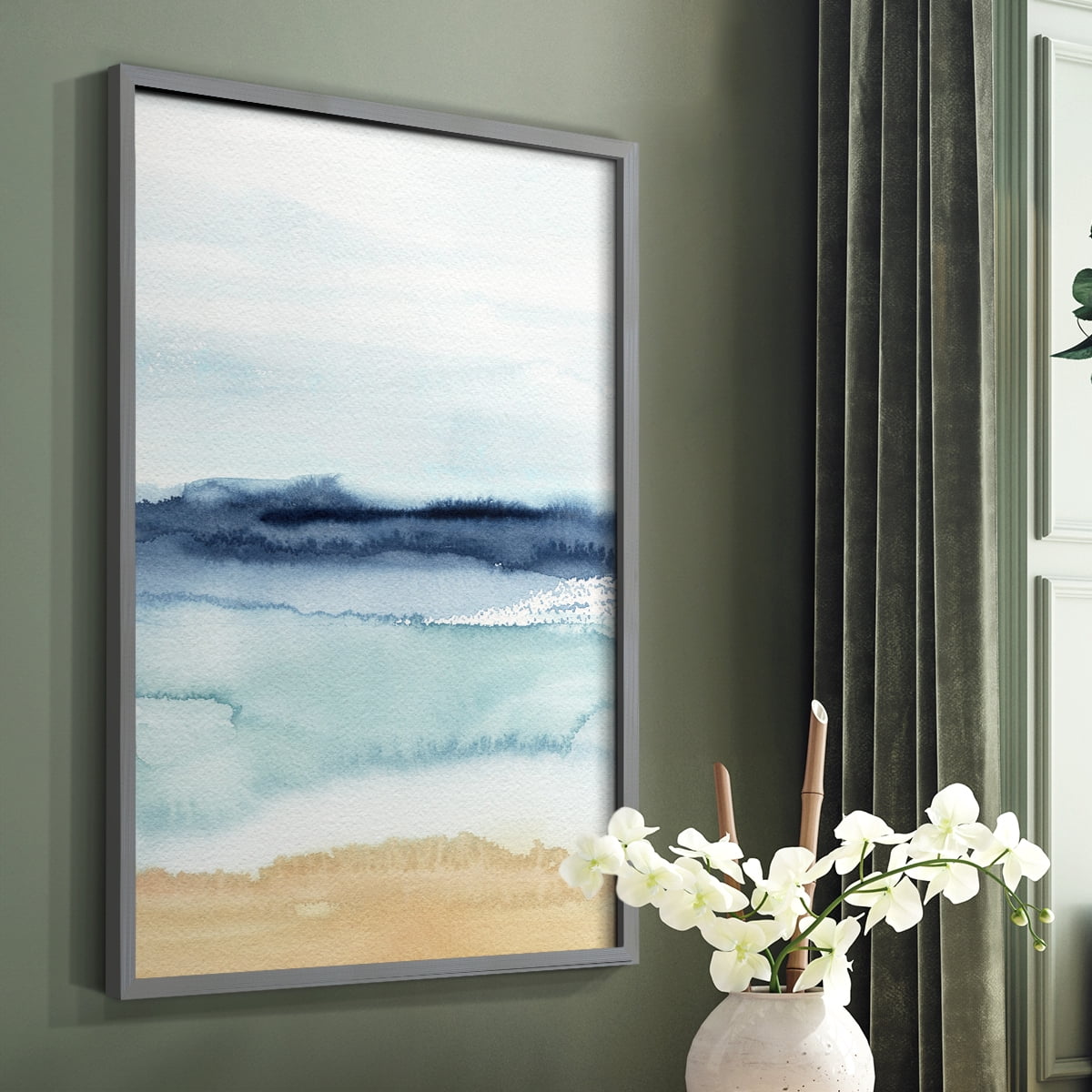Watercolor Ocean Horizon II Framed Print in Gray Solid Wood 11 x 14 Framed Print