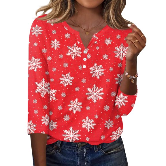 Womens Christmas V Neck Shirts, Three Quarter Sleeve Button Collar Printed Faux Cotton Spandex Blend Soft Casual Pullover Blouse, Vermilion, XL