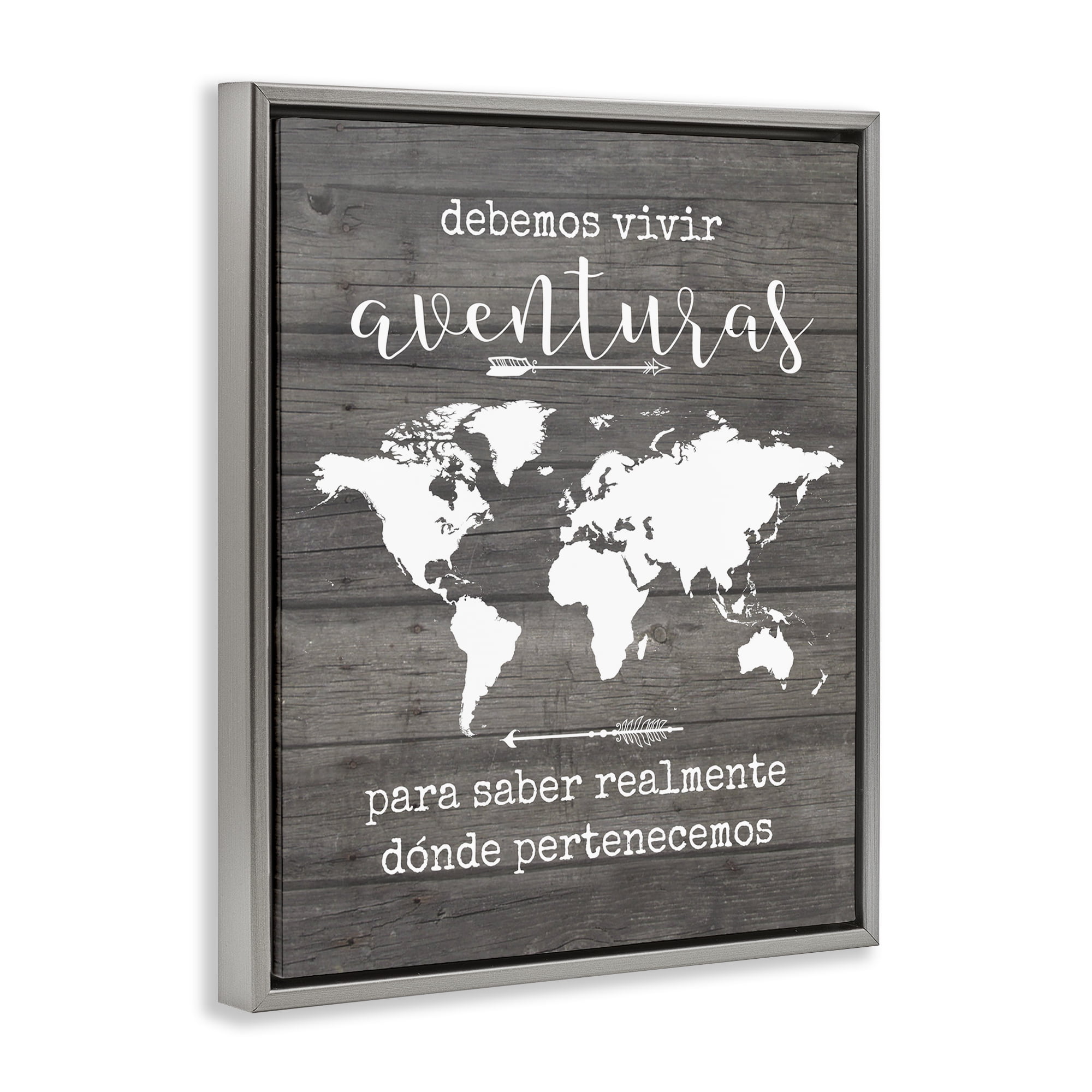 Stupell Industries Debemos Vivir Aventuras Inspirational Quotes & Sayings Painting Gray Floater Framed Art Print Wall Art, 25 x 31