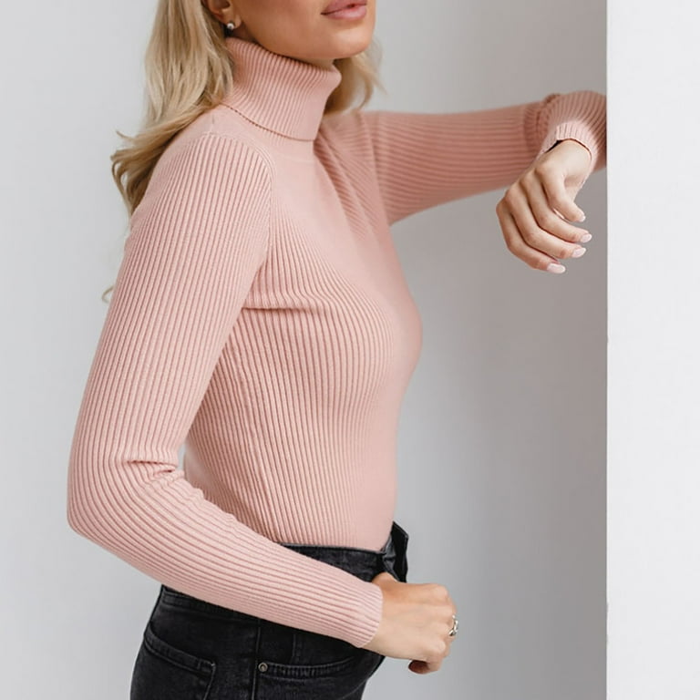 Rigardu Women Soft Sweater Slim Fit Lightweight Long Sleeve Turtleneck Tops Undershirt Knitted Warm Fitted Fashion Pullover Sweater Pink One size Walmart