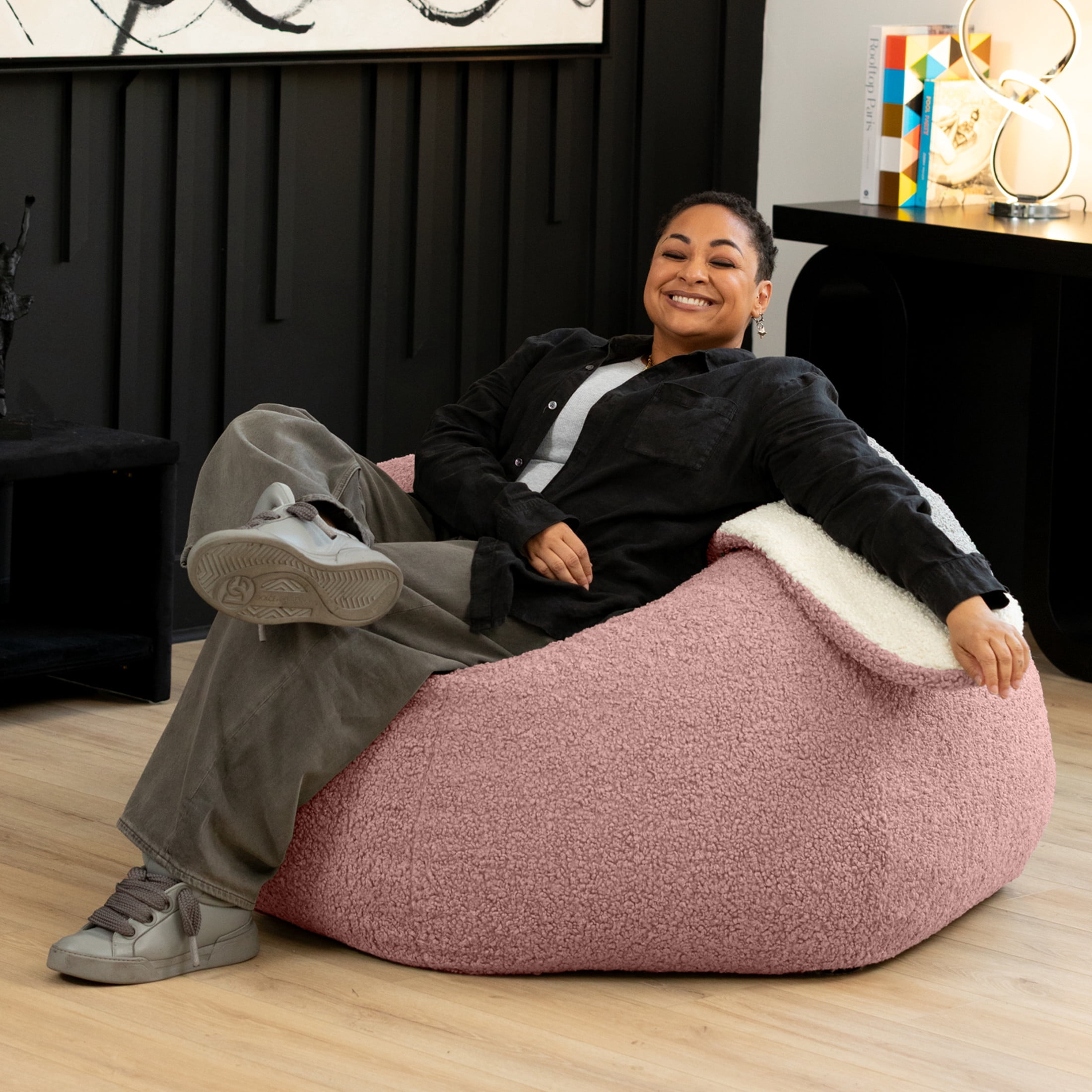 Raven-Symoné Home HopSeat Bunny Oval Shaped Large Bean Bag Chair with Ears, Ultra Soft Shearling - Pink