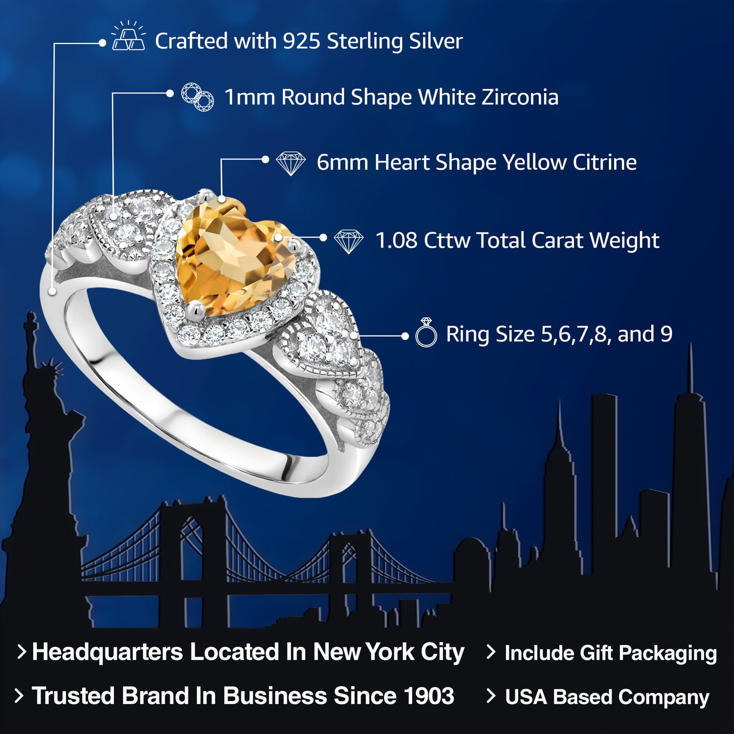 Gem Stone King 925 Sterling Silver Yellow Citrine Ring for Women (1.08 Cttw, Heart Shape 6MM, Gemstone Birthstone, Available in Size 5, 6, 7, 8, 9)