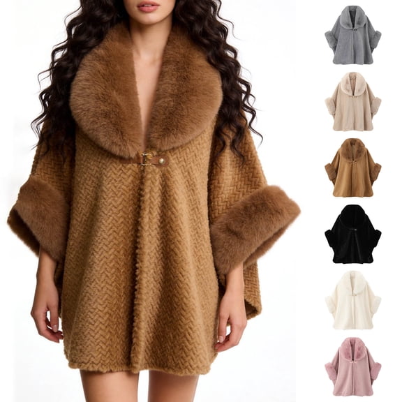 Xinoom Women Herringbone Knit Cape Poncho, Oversized Faux Fur Lapel Collar Shawl Wrap with Buckle Fastener, Warm Fleece‑Lined Winter Layering Outerwear Black,Free Size