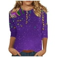 thumbnail image 2 of Cavosen Mardi Gras Shirts for Women 3/4 Sleeve Carnival Mask Graphic Print Shirts Round Neck Party Festival Tops Loose Trendy Holiday Blouse Dressy Party Funny T-Shirt Purple 3XL, 2 of 5