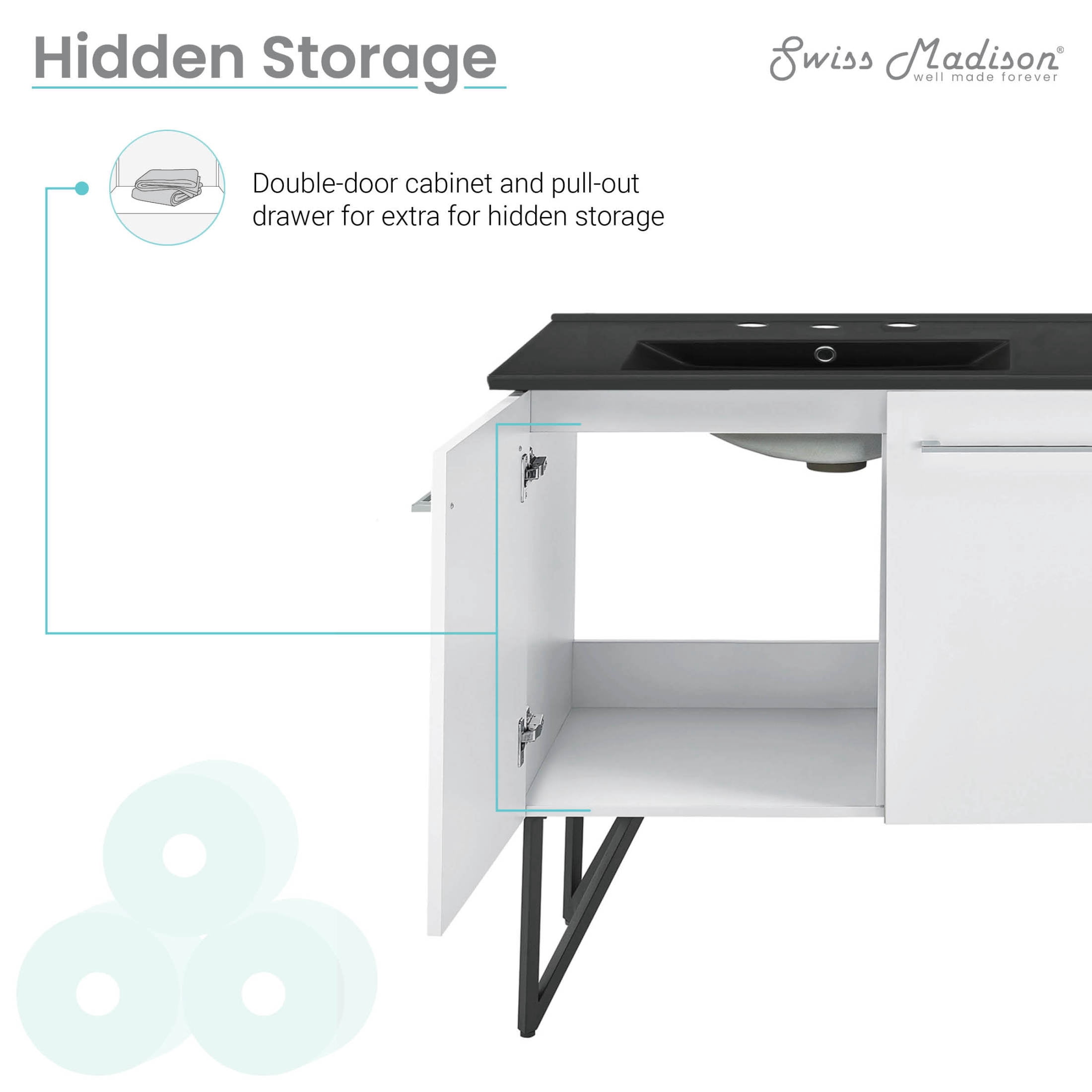 Annecy 60 in. White, Double Basin Bathroom Vanity With Black, 3-Hole Artificial Stone Sink Top