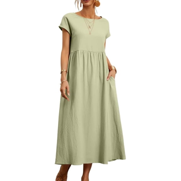 Cotton Midi Dress for Womens Crew Neck Short Sleeve Casual Dress Loose Tunic Summer Beach Dresses with Pockets