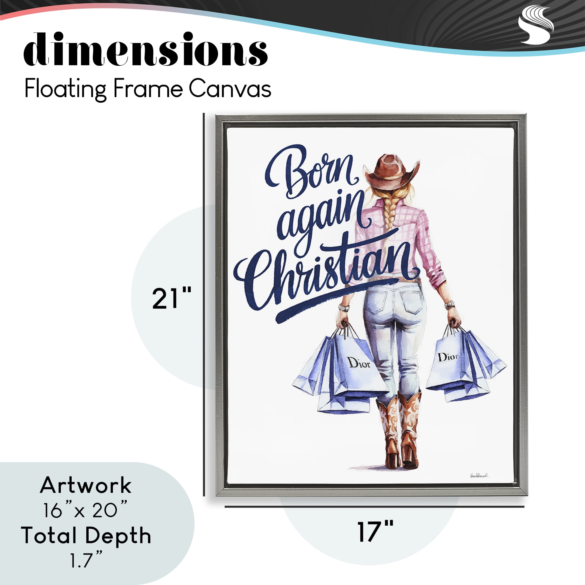 Born Again Christian Cowgirl Gray Framed Floater Canvas Wall Art, design by Amanda Greenwood
