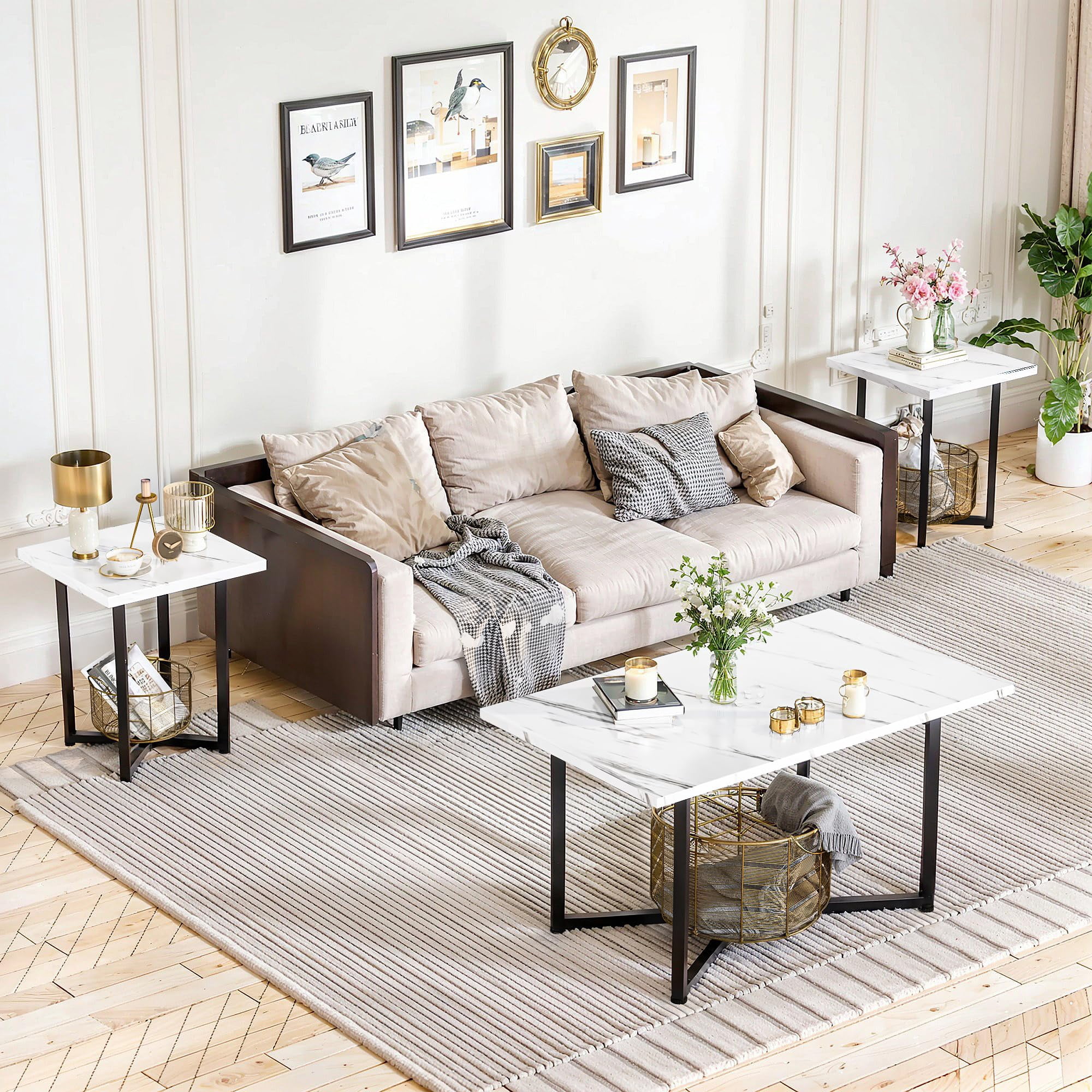 Cvortll Coffee Table Sets 3-Pieces, Modern Faux Marble Coffee Table with 2 Square End Side Tables, Large Sturdy Coffee Table Set for Living Room, White