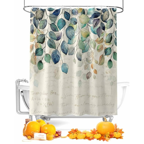 Fall Shower Curtain Watercolor Plant Bathroom Curtains with Hooks, Waterproof Fabric Blue Leaves Retro Letter Thanksgiving Bath Shower Curtains Set for Bathroom Bathtubs Decor 36x72 Inch