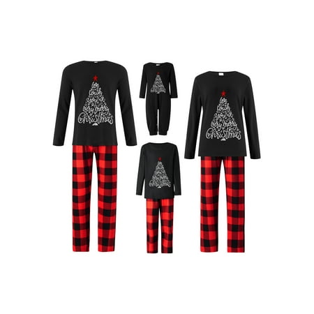 

Christmas Family Matching Pajamas Set Christmas Tree Letter Print Long Sleeve Tops and Casual Loose Plaid Pants Sleepwear