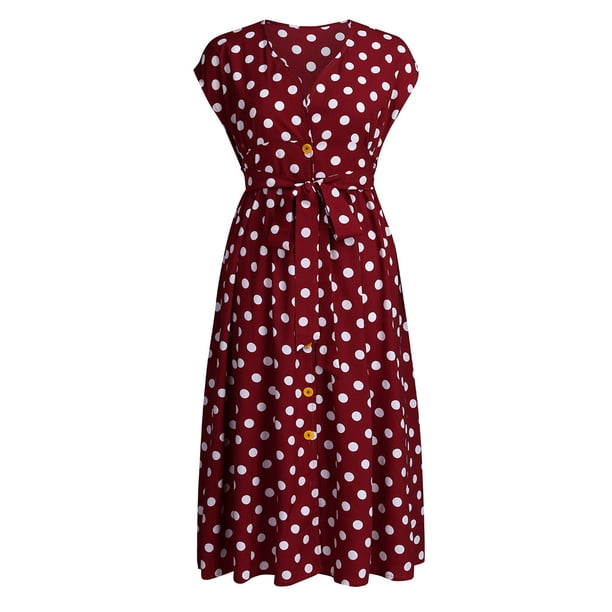 Vestido de lunares de talla grande para mujer, con botones, cintura con cordones y escote en V
