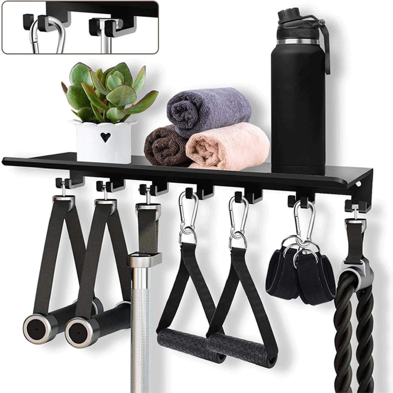 Floating Shelf with Hooks, Water Bottle Storage Organizer, 24 In, 8 Hooks, 1 Pc, Black, Home Gym Storage, Gym Equipment Storage, Wall Mounted Storage, Garage Hooks Heavy Duty, at