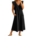 thumbnail image 6 of ZHOGXU Women's Dresses Summer Flying Sleeve V Neck Solid Color Comfortable Flowy Swing Dress With Pockets For Casual Daily Wear,Black,Xl, 6 of 6