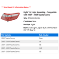 thumbnail image 2 of Right Tail Light Assembly - Compatible with 2007 - 2009 Toyota Camry 2008, 2 of 2