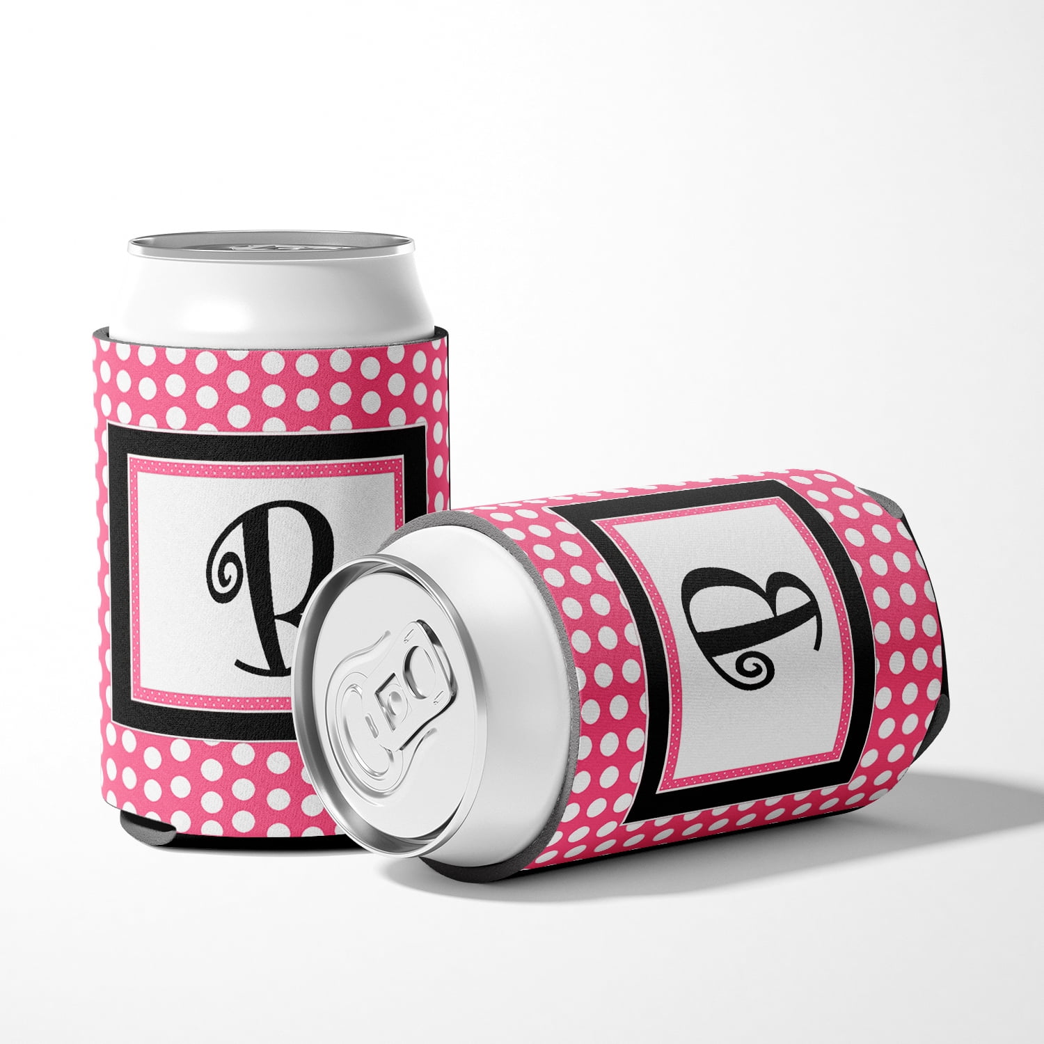 Letter B Initial Monogram - Pink Black Polka Dots Can or Bottle Beverage Insulator Hugger