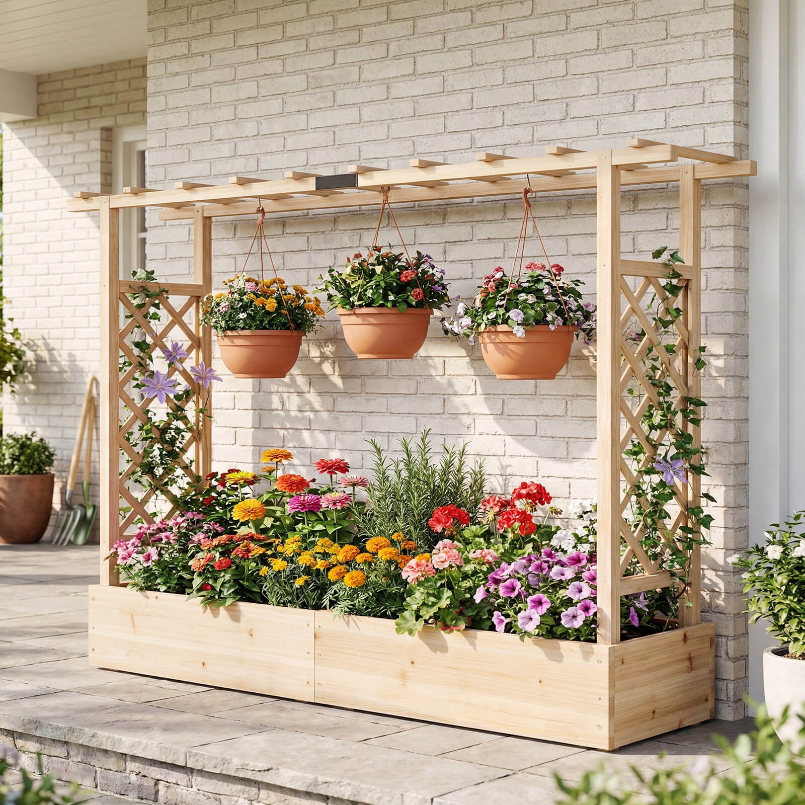 Costway 1 PCS Wooden Raised Garden Bed with Trellis & Hanging Roof, Drainage Holes for Flowers Natural