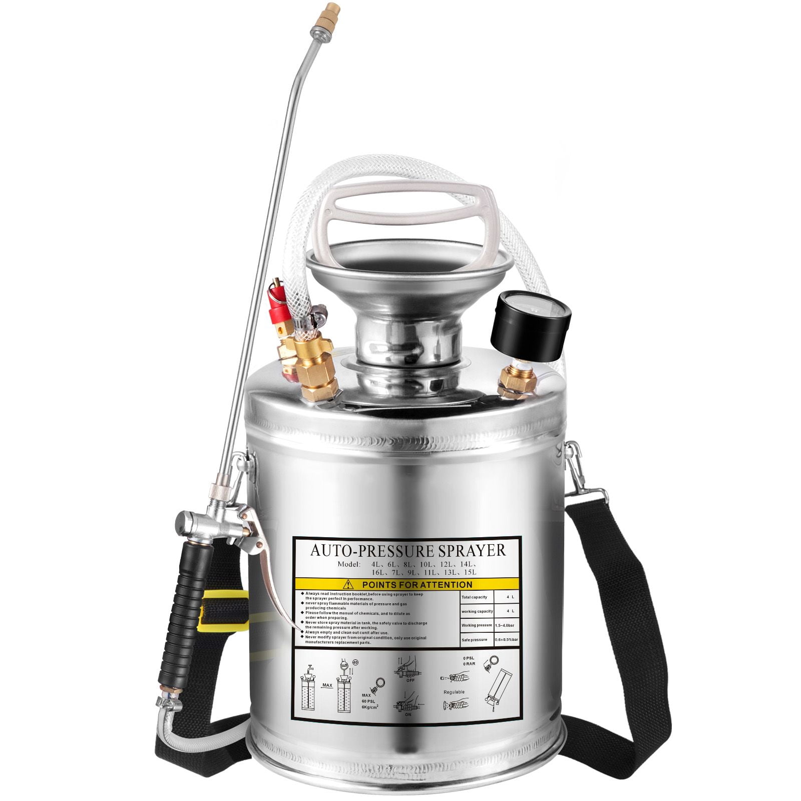 1 Gallon Stainless Steel Manual Pump Sprayer with Brass Nozzle, Pressure Gauge & Safety Valve, Ideal for Gardening, Lawn Care, Automotive & Cleaning