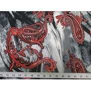 Discount Fabric Printed Spandex Stretch Red Paisly on Storm Cloud A402
