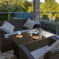 thumbnail image 4 of Kozyard 50,000 BTU Outdoor Wicker Patio Propane Gas Fire Pit Table w/Aluminum Tabletop, Glass Wind Guard, Clear Glass Rocks, Cover, Slide Out Tank Holder, and Lid (Brown), 4 of 9