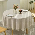 thumbnail image 2 of Manteles redondos a cuadros con borlas, tela de lino y algodón de peso pesado, cubierta de mesa a prueba de polvo, decoraciones de mesa para cocina, comedor y fiesta, 2 of 5