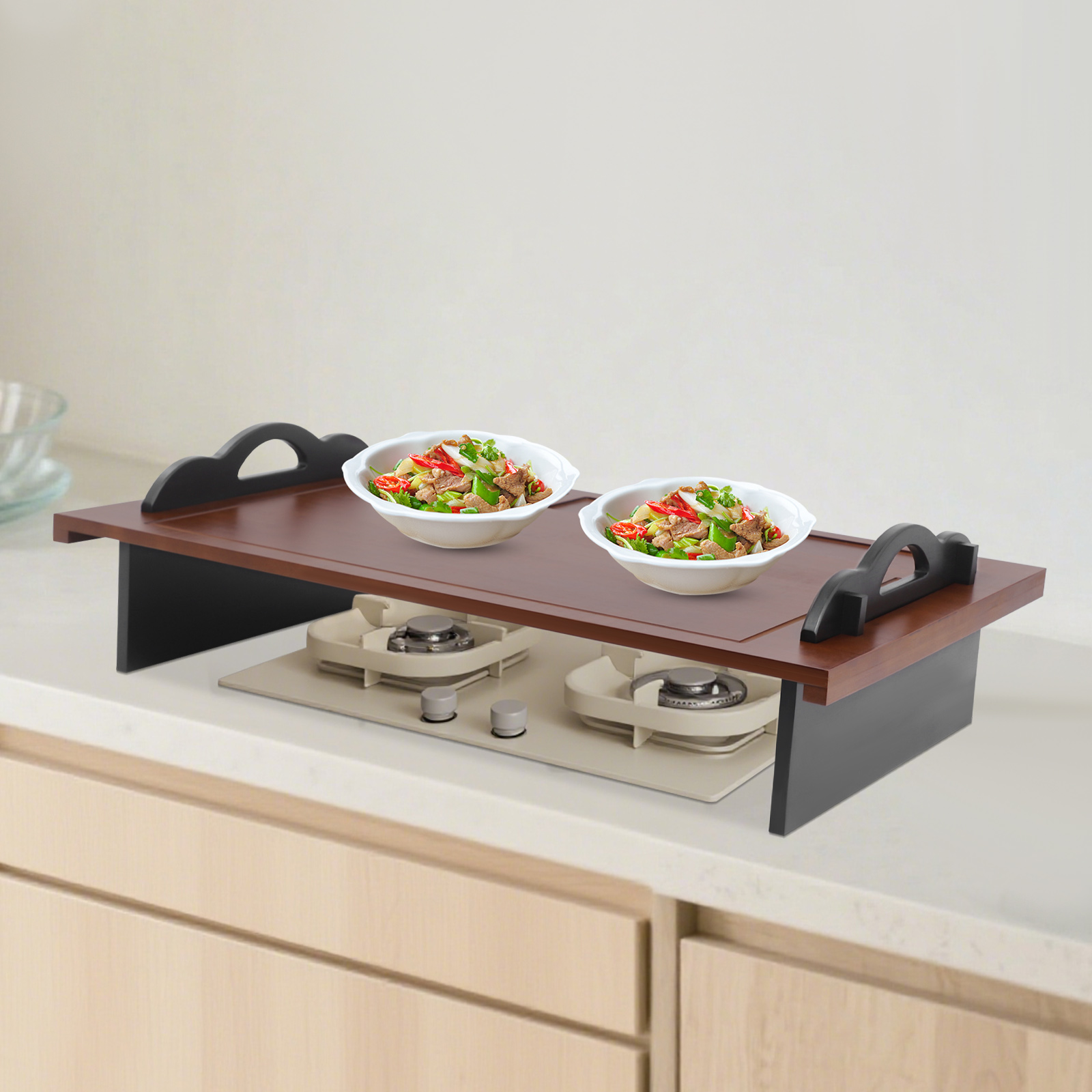 Walnut-Colored Bamboo 33.5x21.9-Inch Stove Cover, Overflow-Proof Guide Groove Cover And Multifunctional Cutting Board