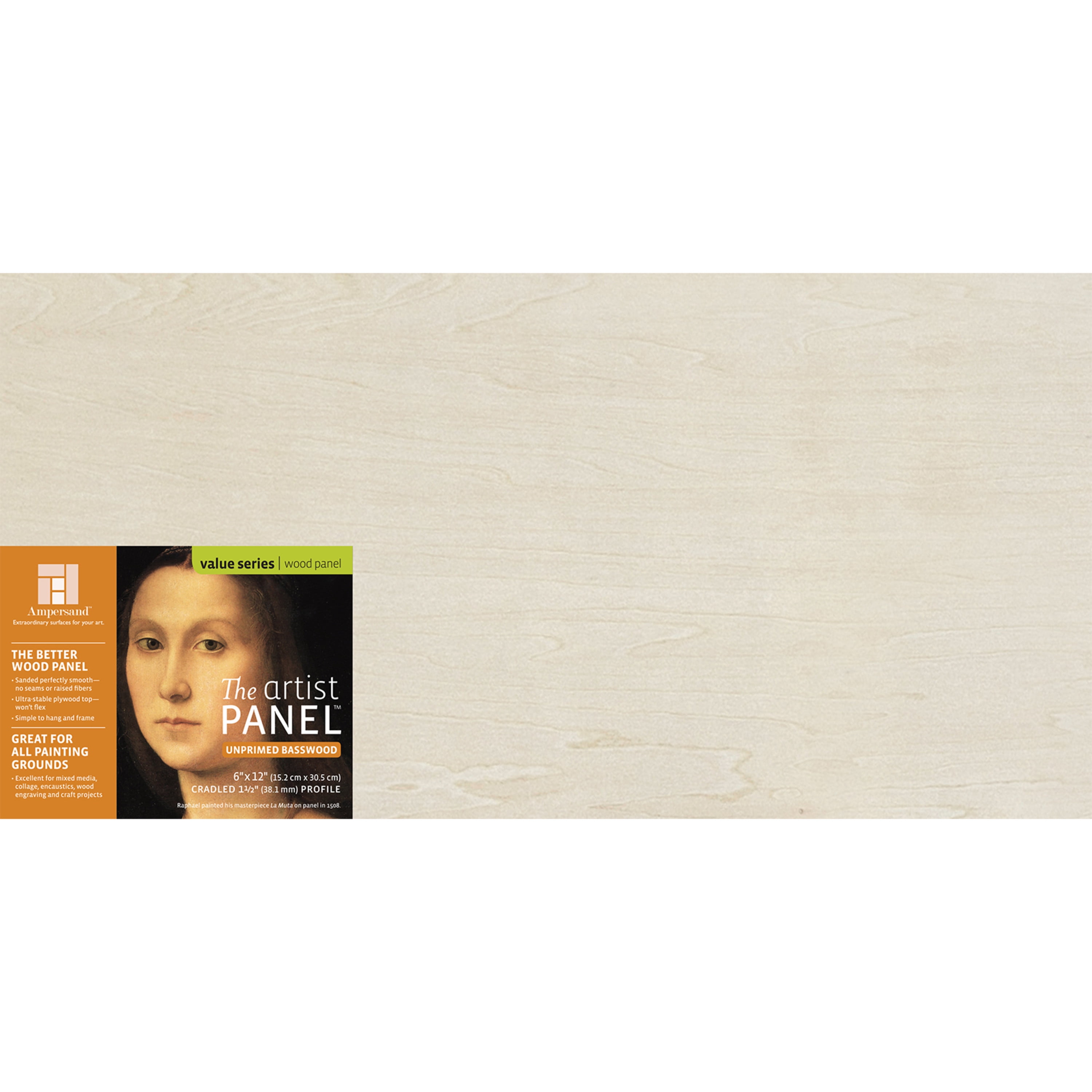 Ampersand Art Artist Panel, Unprimed Basswood, Cradled, 1-1/2' Profile, 6' x 12'