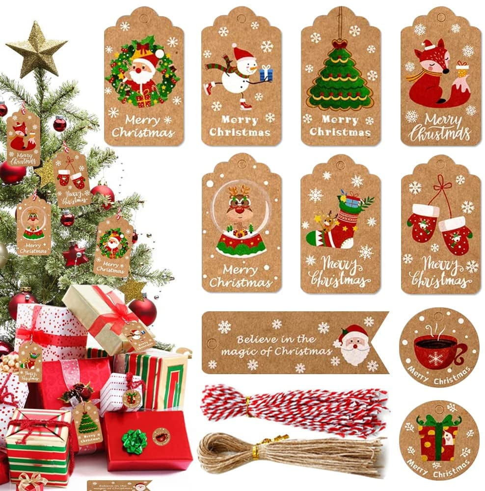 100 Kraft Paper Hang Tags Label Xmas Gift Card String Merry Christmas 