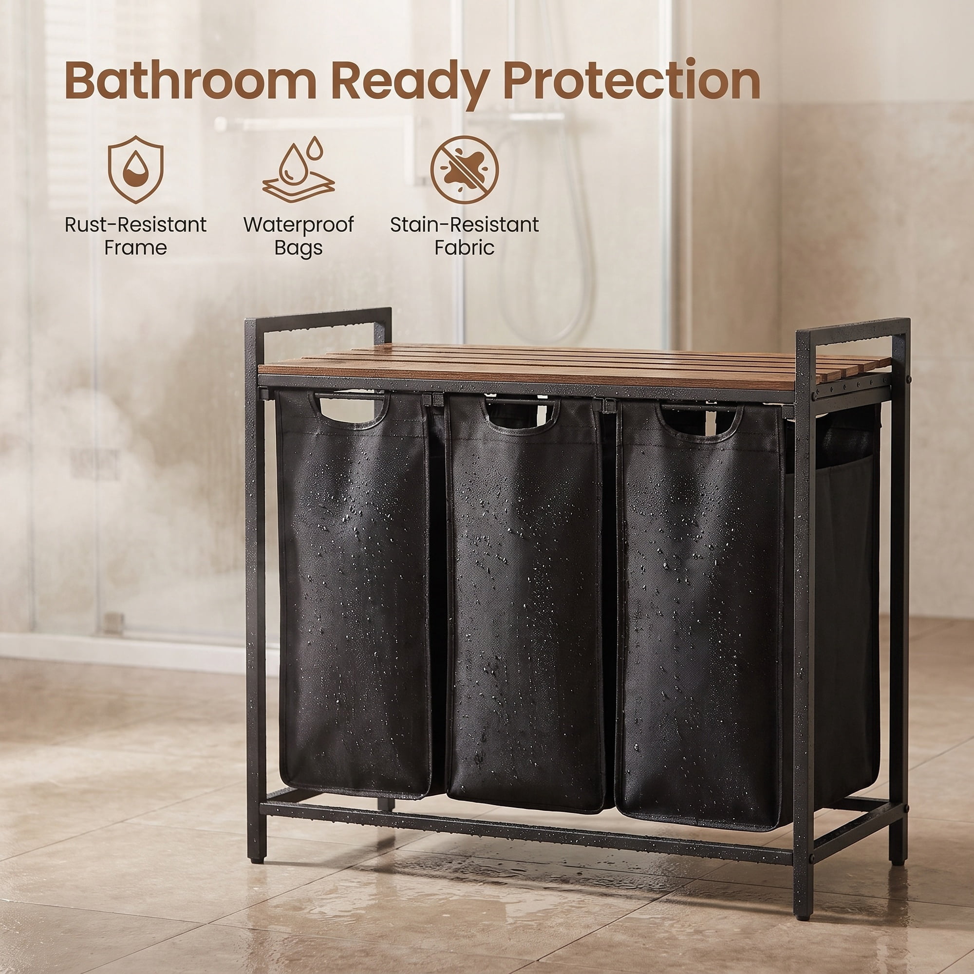 Ledrem 3-Compartment Laundry Sorter with Removable Bags for Home Organization, Ink Black/Rustic Brown