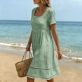 thumbnail image 7 of QUNYINEY Cotton Linen Dresses for Women Summer Short Sleeve Midi A Line Dress Square Neck Loose Fit Solid Pleated Casual Dresses, 7 of 7