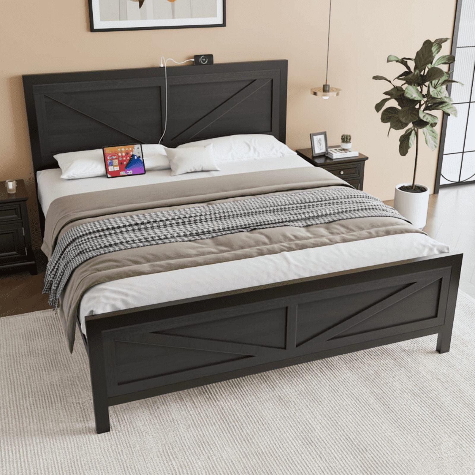 Queen Size Platform Bed Frame with LED Lights, USB Charging, and Farmhouse Barn Door Headboard, Strong Metal Slats Support, Noise Free, No Box Spring Needed, Black