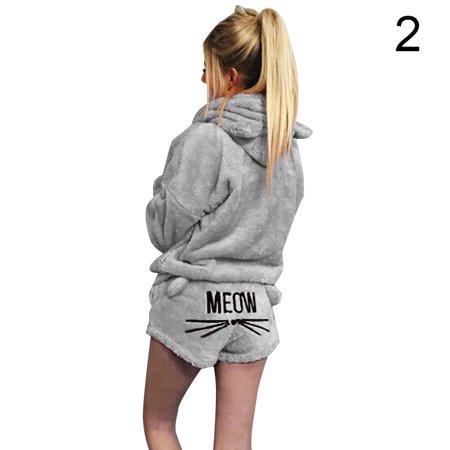 

TOPOINT Women Plush Pajamas Set Thick Hoodie Long Tops+Embroidery Shorts Sleepwear Homewear New