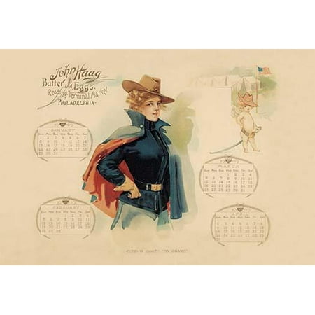 Promotional calendar from 1899 showing a woman wearing a US Army cadet uniform  The John Haag company purveyor of butter and eggs in the Reading Terminal Market Philadelphia gave this calendar out
