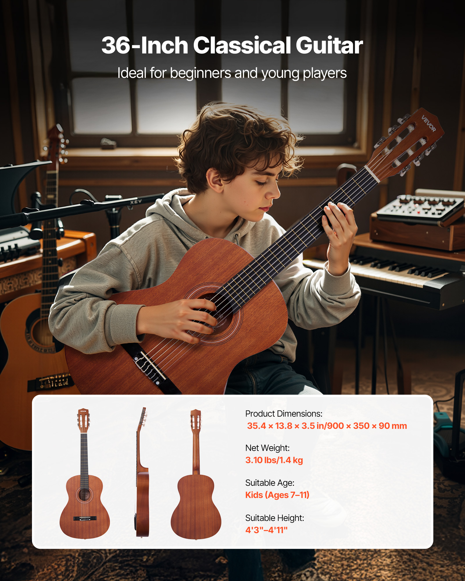 VEVOR Classical Guitar, 36 Inch, Wood Classical Guitar Starter Kit for Beginners, with Nylon Strings, Gig Bag, Strap, Tuner, Extra Strings, Picks, Capo, Sapele & Rosewood, for Kids Girls Boys,Natural