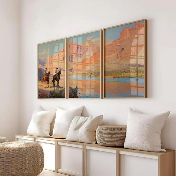 [Vintage Cowboy Art] 3pcs Western Cowboy Art Deco Canvas Wall Art Set | Vintage Horse Poster Print, Indoor/Outdoor Fall/Spring Themed Ink Painting, Classic Modern Style, Portrait Orientation, Framel