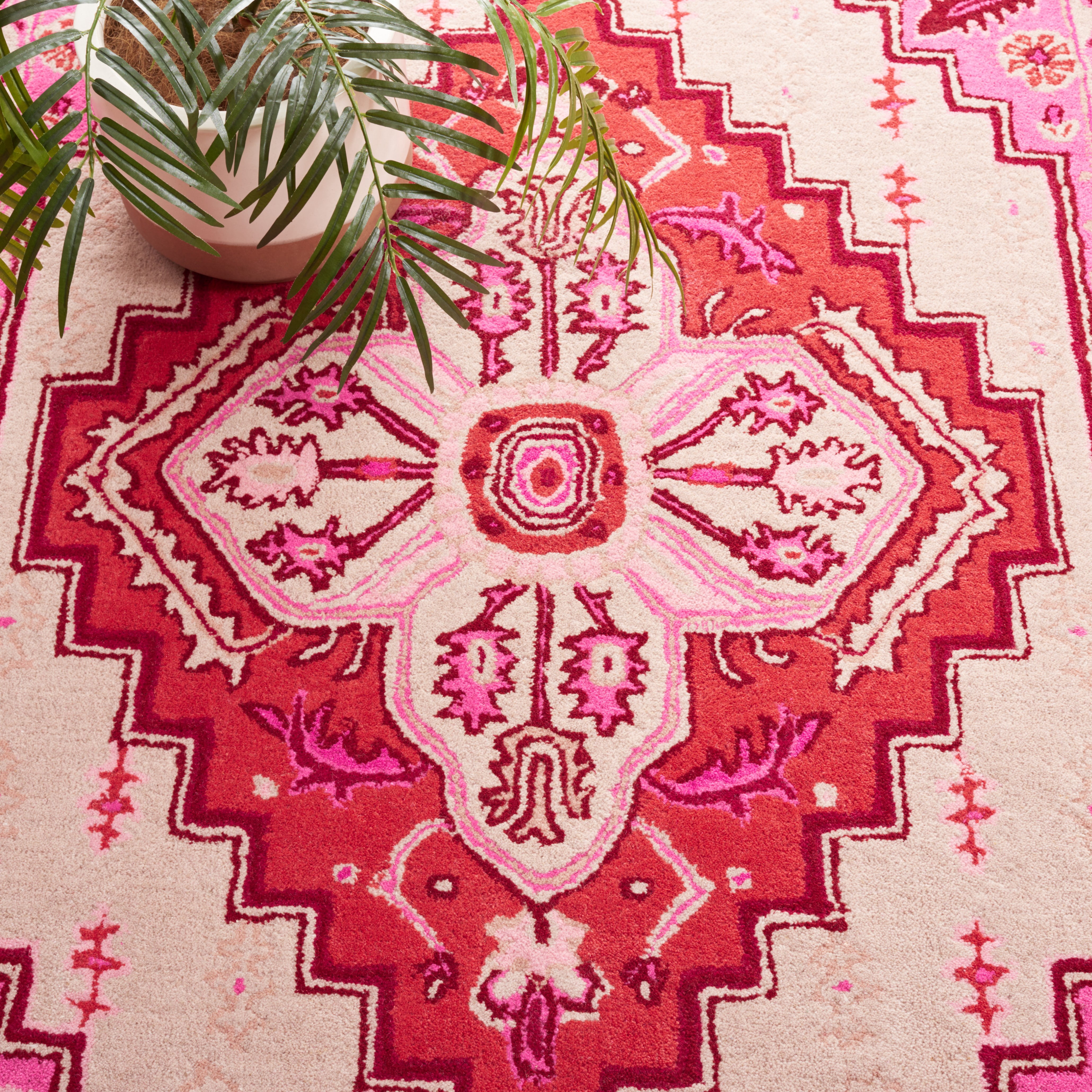 SAFAVIEH Bellagio Major Bordered Wool Runner Rug, Red Pink/Ivory, 2'3" x 7'