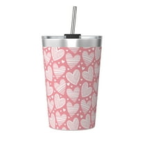 PAYOHTO Valentines Day Pink Hearts Insulated Stainless Steel Tumbler 12 oz Thermos Come with Straw Kids Leak-Proof Travel Mug Cup