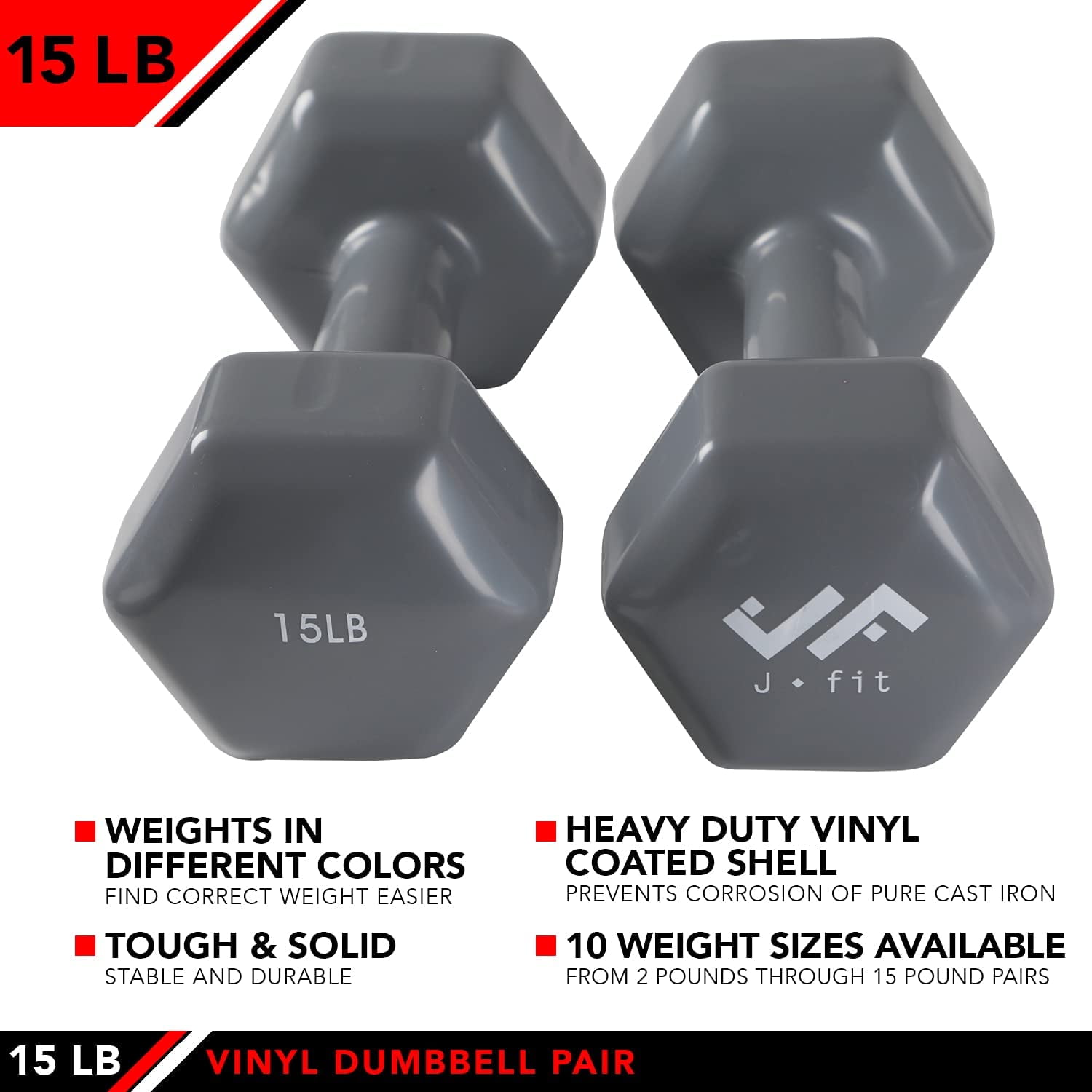 JFIT Vinyl Dumbbell (Set of 2), 15 LBS
