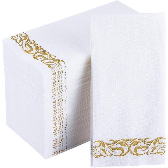 100 Disposable Hand Towels, Soft and Absorbent Linen Feel Dinner Napkin, Elegant Decorative Paper Guest Towels for Kitchen, Bathroom,Thanksgiving, Weddings,Parties, Gold and White