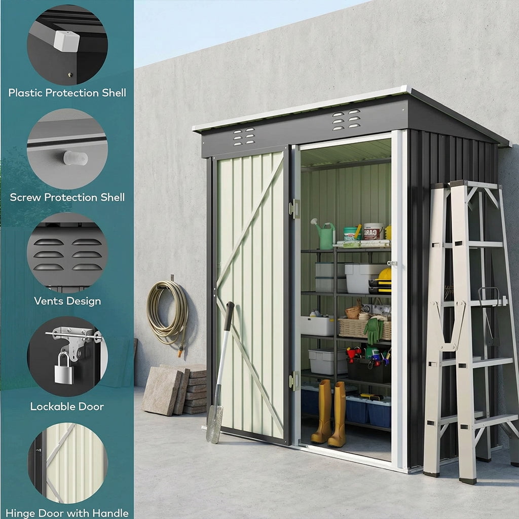 5'x3' Outdoor Storage Shed, Galvanized Metal Shed with Lockable Door & Air Vent, Weather-Resistant Shed for Backyard/Patio/Garden/Lawn, Dark Gray