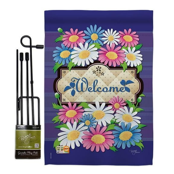 Breeze Decor BD-FL-GS-104076-IP-BO-D-US11-BD 13 x 18.5 in. Welcome Daisies Spring Floral Impressions Decorative Vertical Double Sided Garden Flag Set with Banner Pole