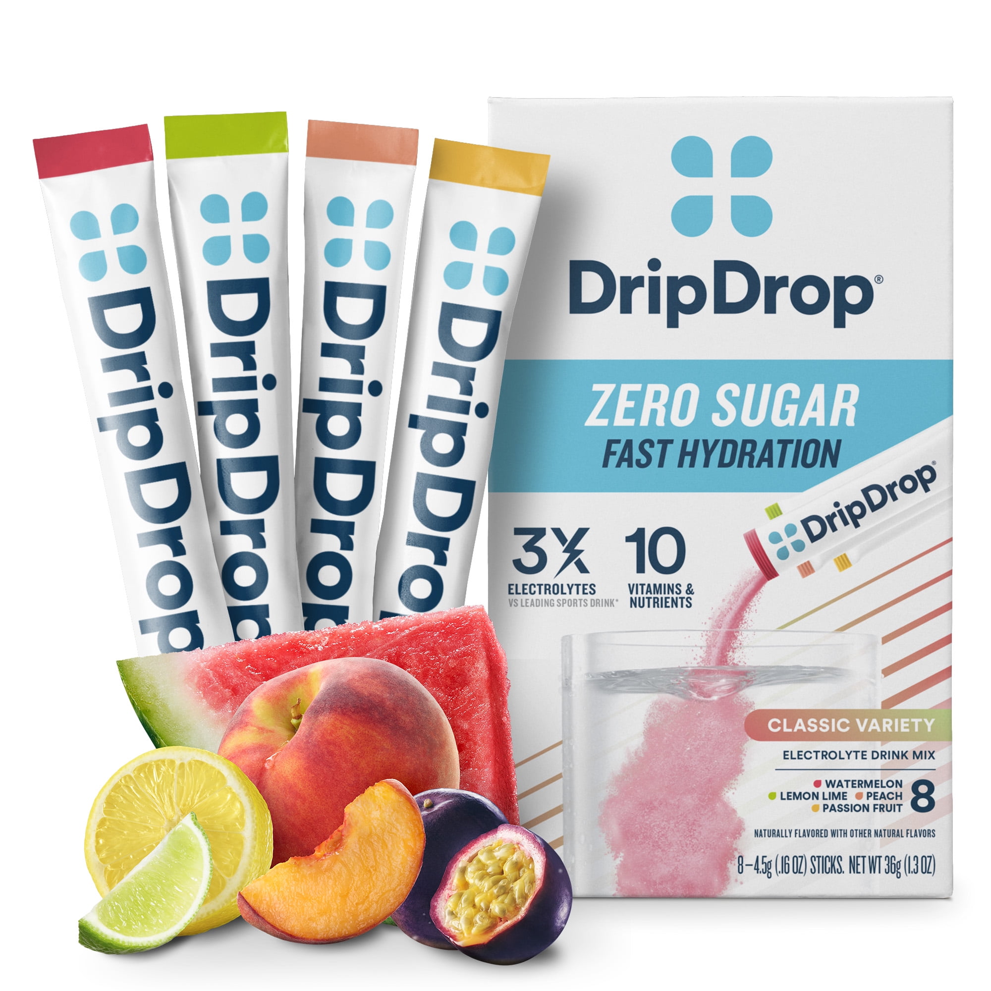 (8 pack) DripDrop Zero Sugar Fast Hydration - Watermelon, Lemon Lime, Peach, and Passion Fruit Electrolyte Powder Drink Mix, 8 Count