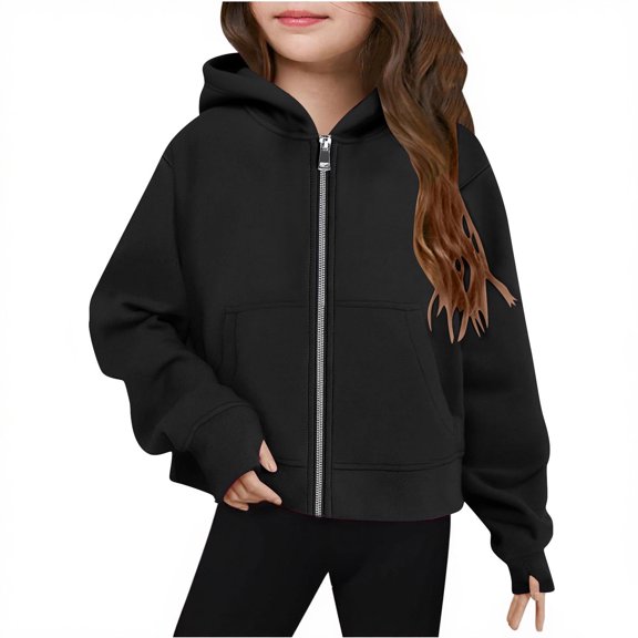 Noexrst Girls Zip up Hoodies Casual Long Sleeve Hooded Cropped Sweatshirts Kids Fall Fashion Outwear Jackets with Pockets Thumb Holes,11-12 Years,Black