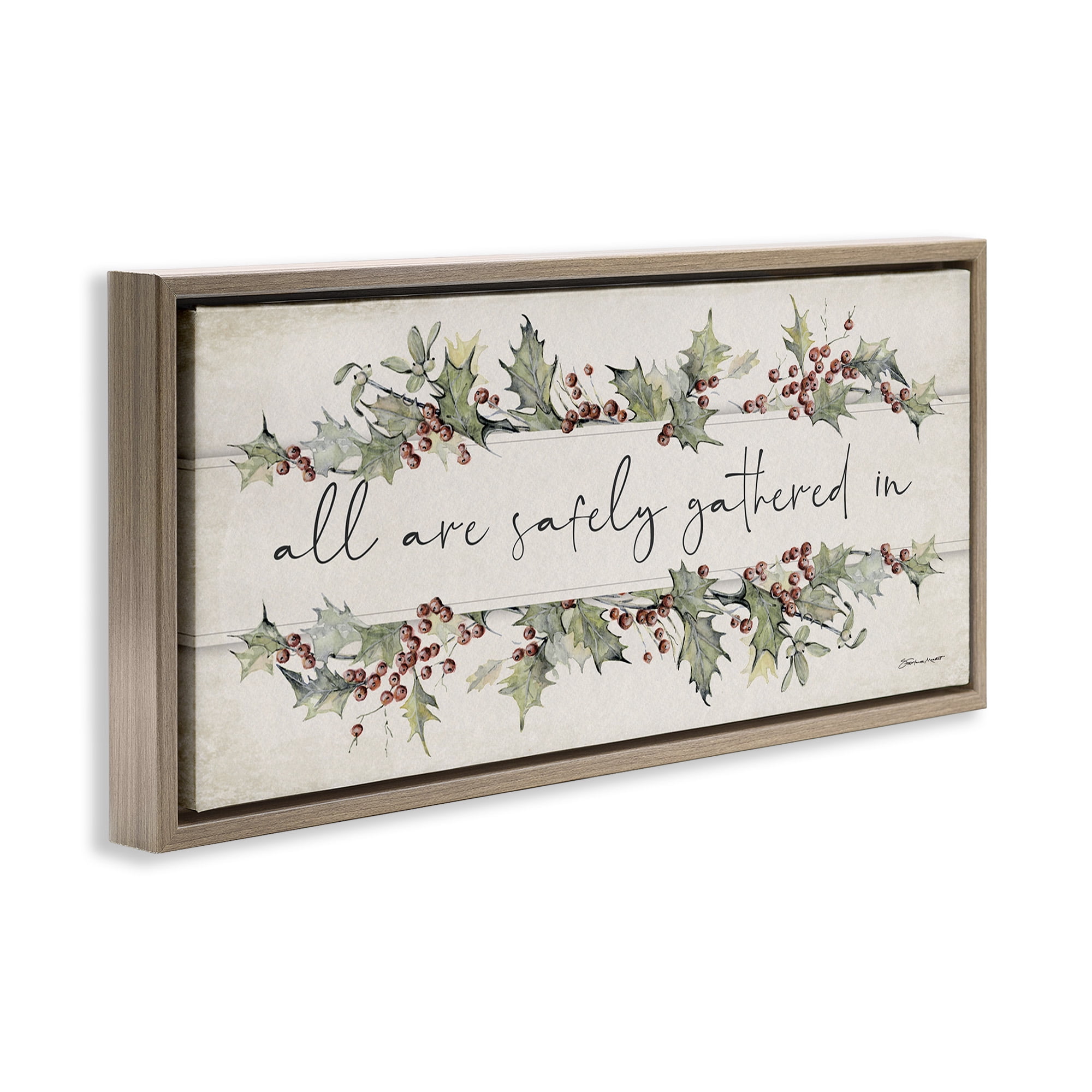 Stupell Industries All Safely Gathered Phrase Holiday Painting Brown Floater Framed Canvas Art Print Wall Art, 31 x 14