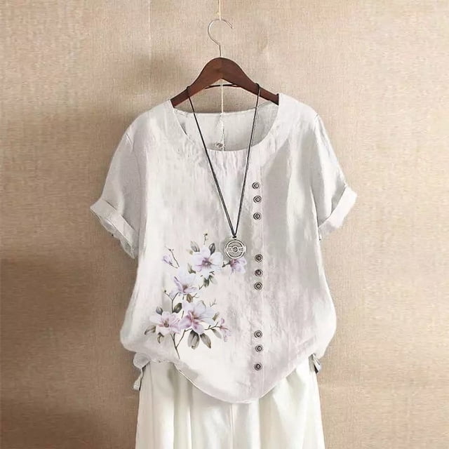 Chemise à Manches Courtes pour Femme T-shirt Femme Été et Automne Vintage Ample Décontracté Col Rond Chemise à Manches Courtes à Imprimé Floral Ample Haut Chemise à Manches Courtes pour Femme Aguichant Été Haut pour Femme