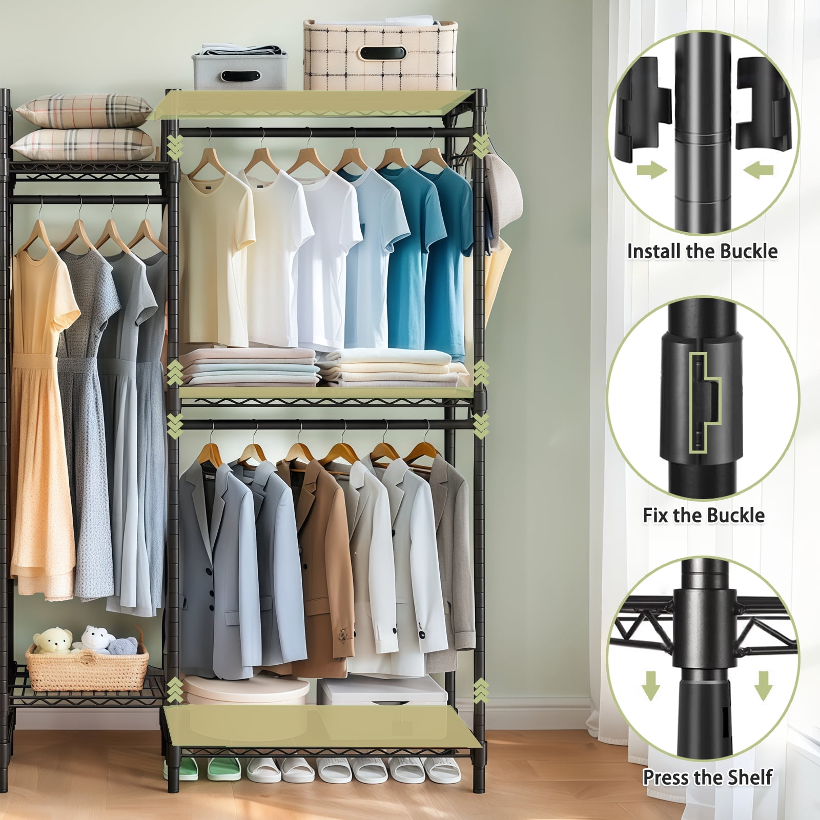 Heavy Duty Garment Rack 8 Shelves 5 Hanging Rods DIY Adjustable Carbon Steel for Bedroom Closet