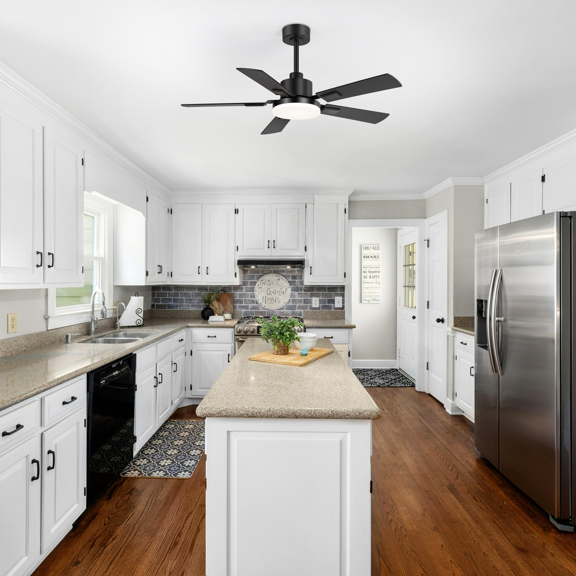 ALKAFY 48" Farmhouse Ceiling Fan with Light and Remote, 6-Speed Reversible DC Motor, LED Flush Mount Ceiling Fan for Bedroom, Black Modern Quiet Ceiling Fan with 5 Wood Blades