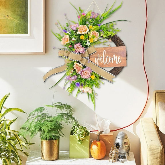 Peacheart 17" Artificial Peony Wreath for Front Door, Spring Summer Floral Wreath with Burlap Bow and Welcome Sign for All Seasons Farmhouse Home Front Porch Decor