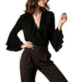 thumbnail image 4 of ClodeEU Women's V Neck Bell Long Sleeve Chiffon Top with Ruffle Hem,Casual Pullover Blouse ,Women's Plus L, 4 of 5