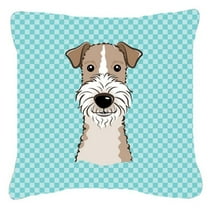 Caroline's Treasures BB1185PW1414 Checkerboard Blue Wire Haired Fox Terrier Canvas Fabric Decorative Pillow , 14Hx14W,
